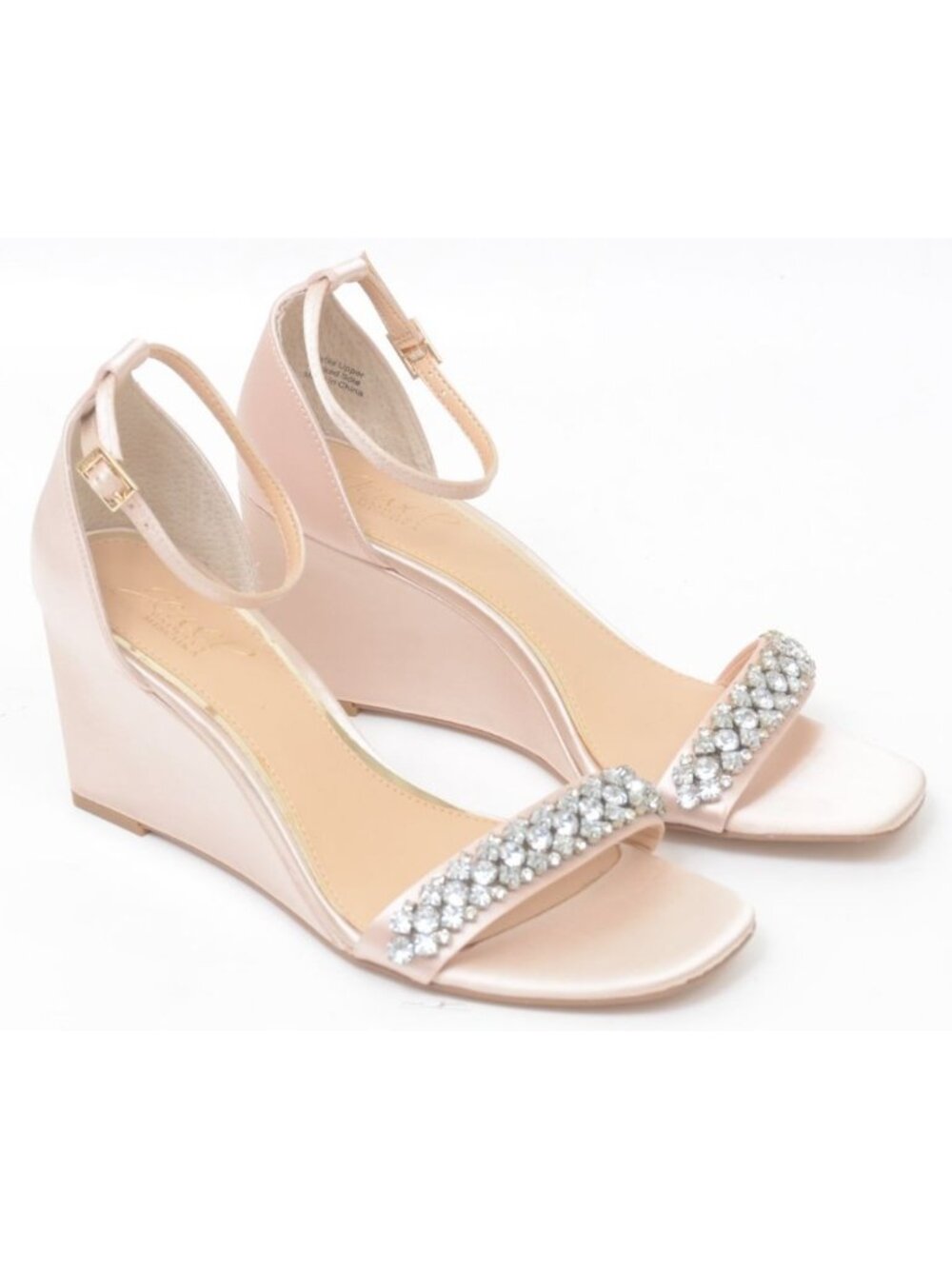 Jewel Badgley Mischka Sz 9 Elegant Satin Wedges Crystal Accent Formal Wedding